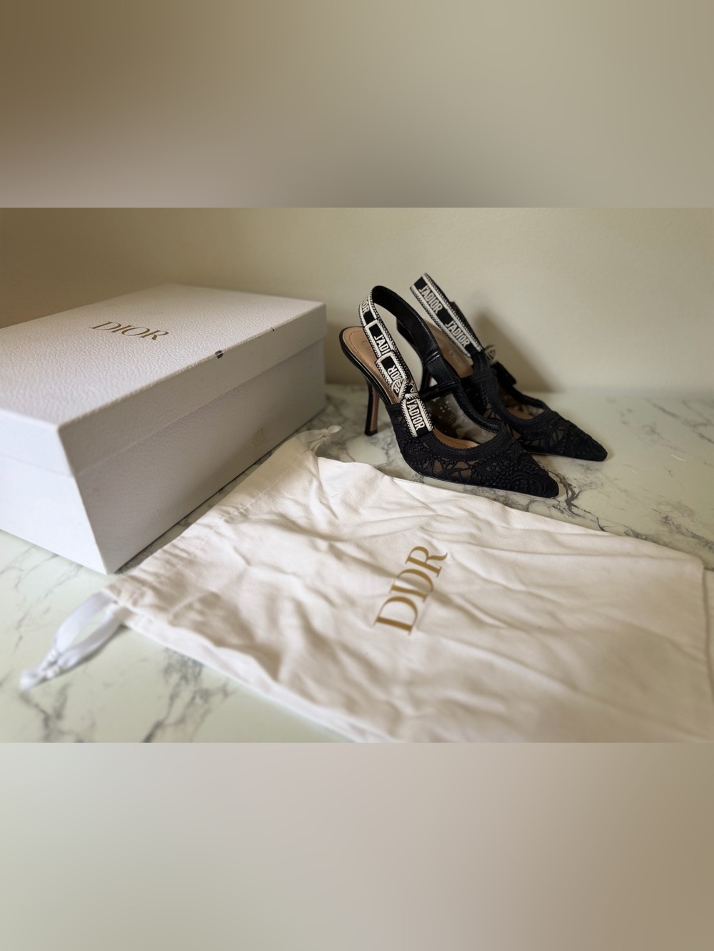 Dior Black Lace Slingback Heels with Logo Straps